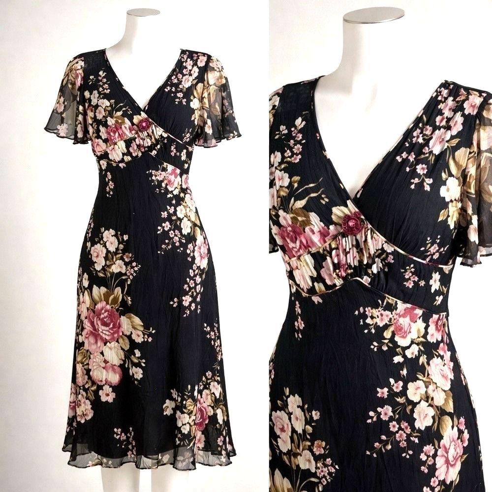 ECI New York Floral Silk Midi Dress Womens‎ 12 Black Empire Waist Romantic